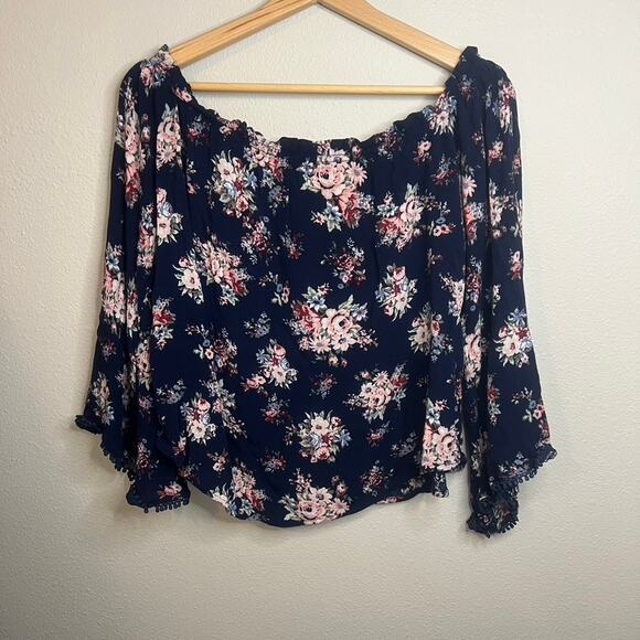 Cottage Core Top Asymmetric Bell Sleeve Coquette Fairy Sz L Dark Floral Flowy - Picture 10 of 10